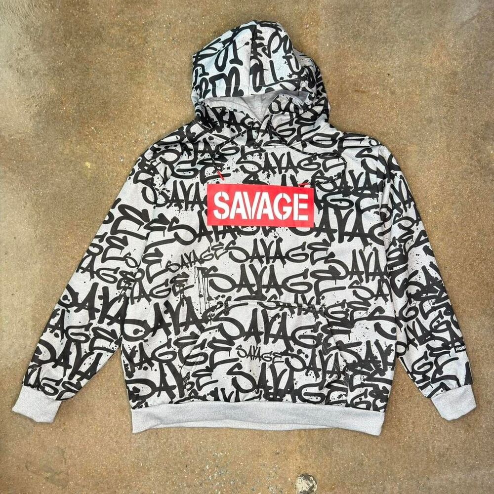 RGSTR Savage Hoodie Mens Large Gray Black Graphic Streetwear Sweatshirt
